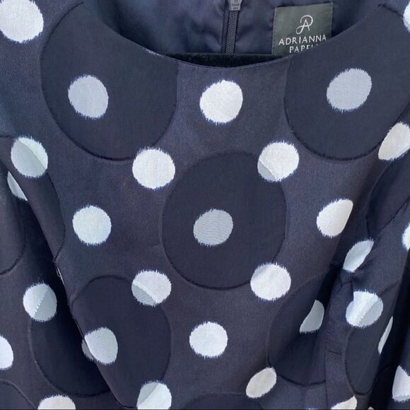 Adrianna Papell Wms Sz 8 Navy White Pleated Burn Out Polka Dot Fit & Flare Dress - Picture 3 of 7